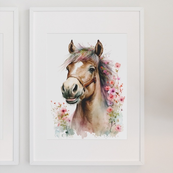 Watercolor Cute Floral Horse Wall Art Illustration Print Poster Unframed - Picture 2 of 6